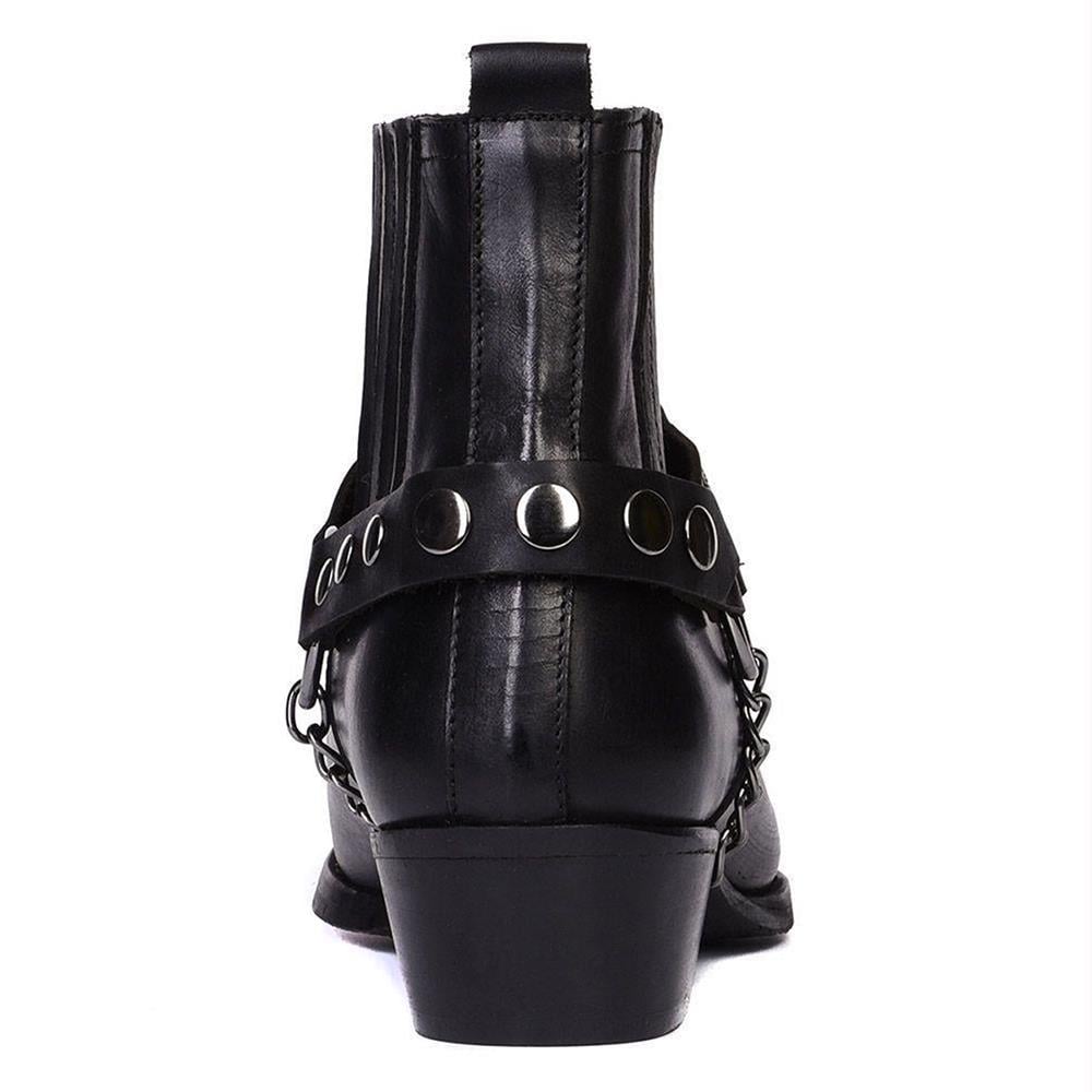 Black Leather Men's Big Size Western Ankle Boots