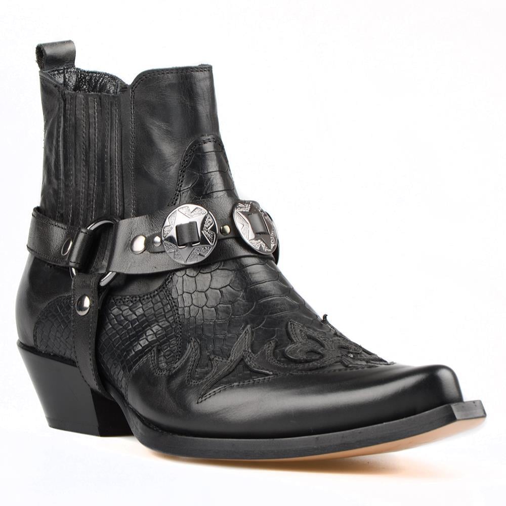Black Leather Men's Western Cowboy Ankle Boots