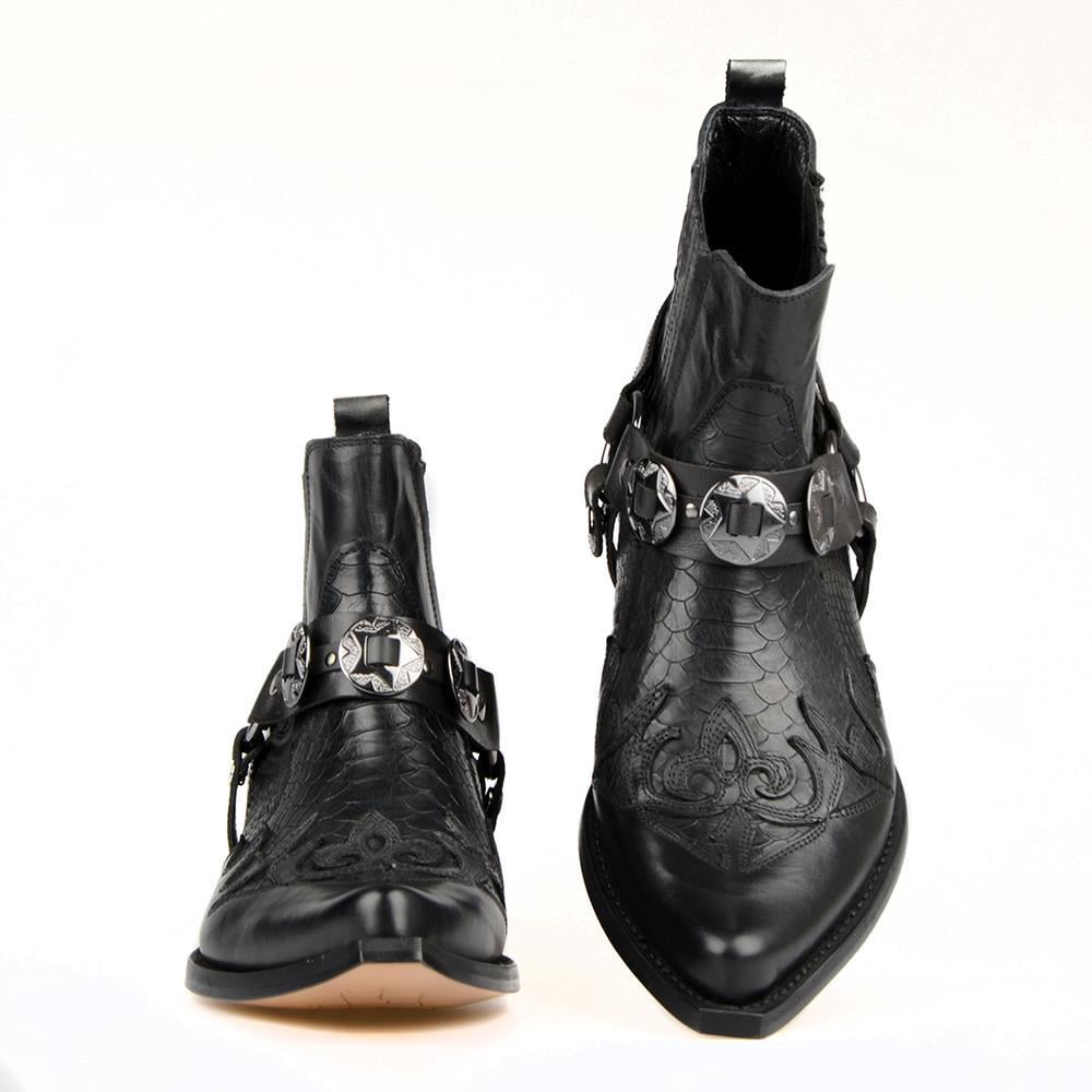 Black Leather Men's Western Cowboy Ankle Boots