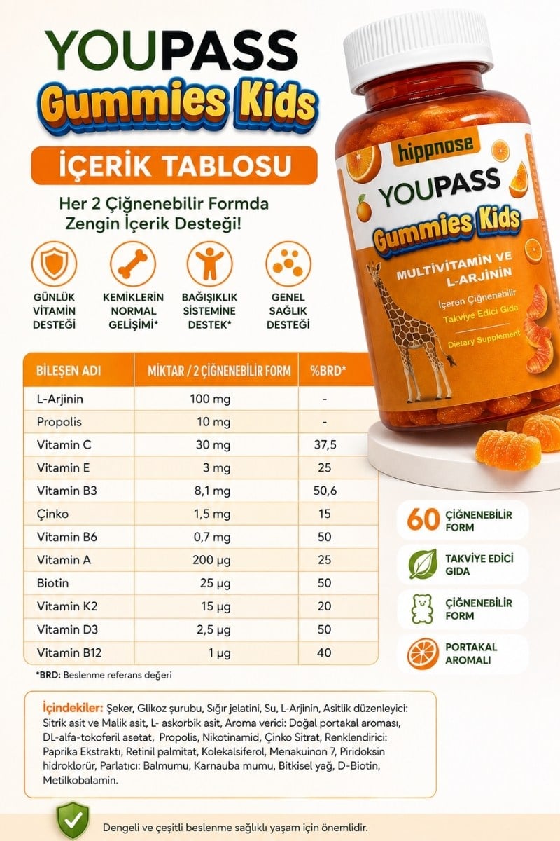 Youpass Gummies Kids Çocuklar İçin Multivitamin ve L-Arjinin İçeren 60 Adet Çiğnene Bilir Takviye