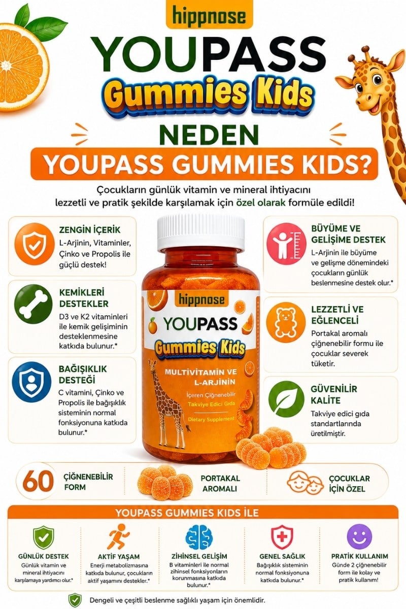 Youpass Gummies Kids Çocuklar İçin Multivitamin ve L-Arjinin İçeren 60 Adet Çiğnene Bilir Takviye