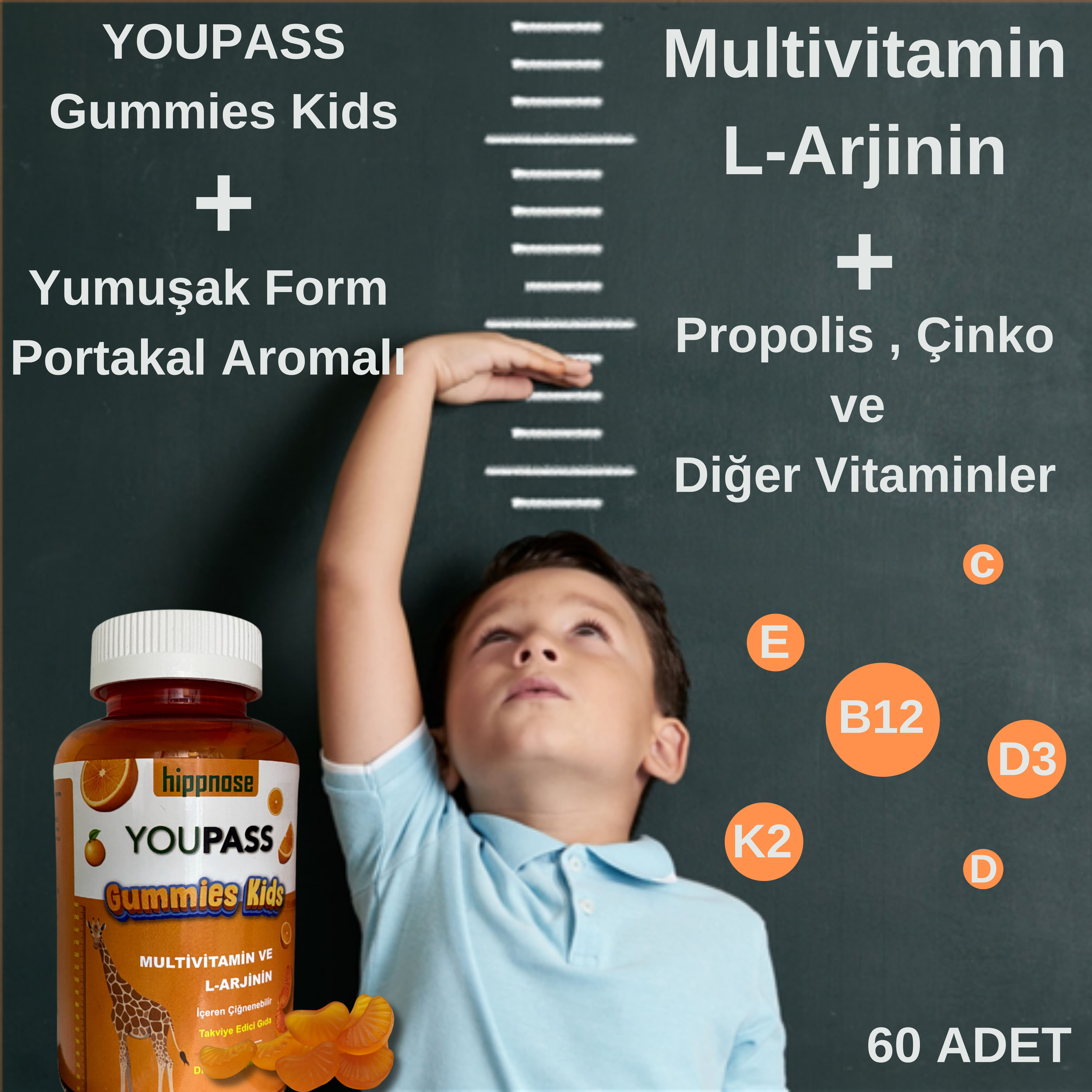 Youpass Gummies Kids Çocuklar İçin Multivitamin ve L-Arjinin İçeren 60 Adet Çiğnene Bilir Takviye