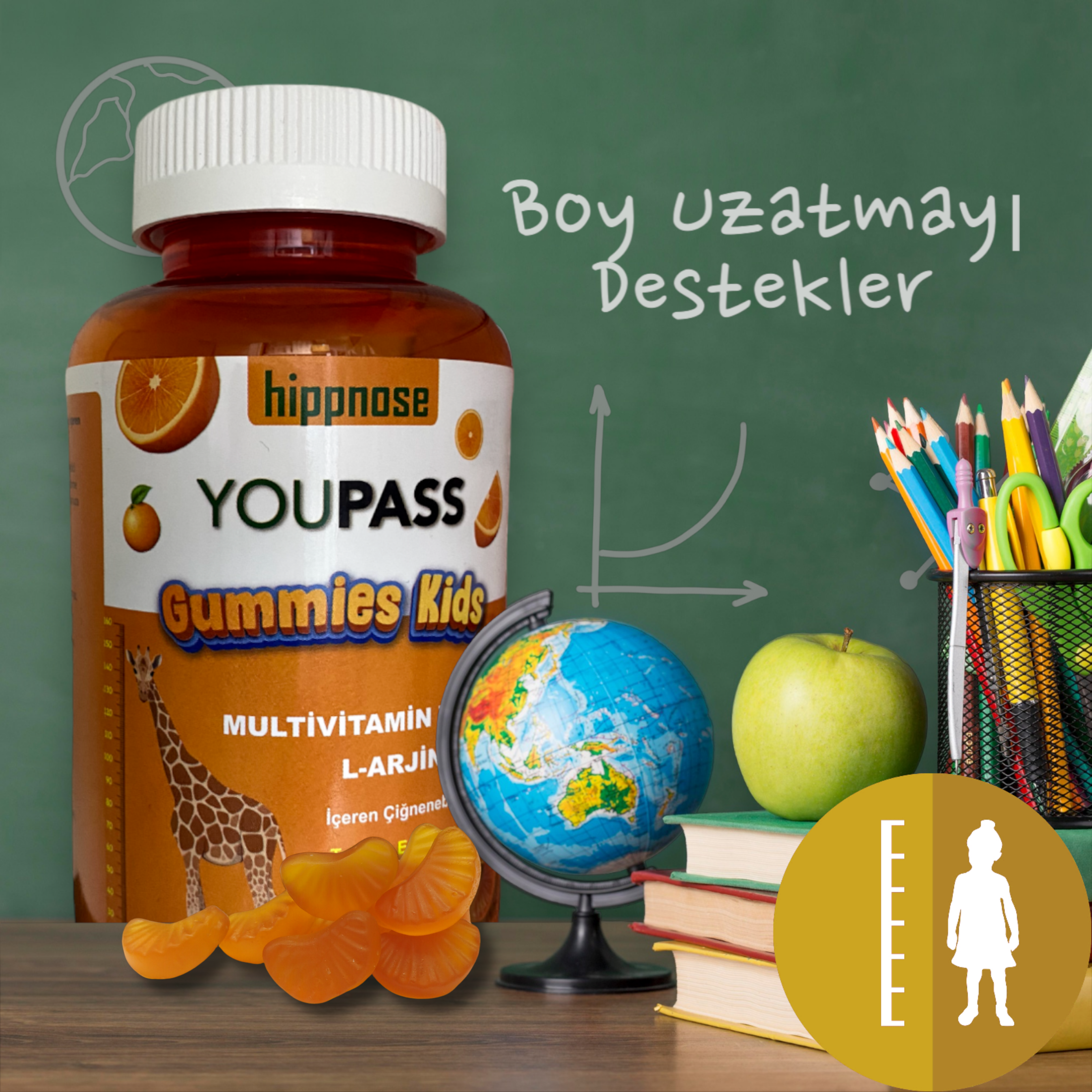 Youpass Gummies Kids Çocuklar İçin Multivitamin ve L-Arjinin İçeren 60 Adet Çiğnene Bilir Takviye