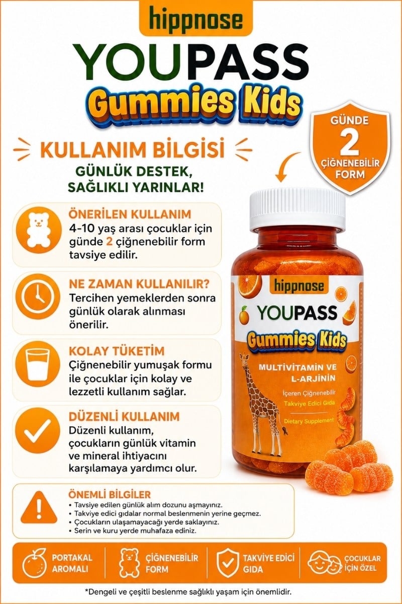 Youpass Gummies Kids Çocuklar İçin Multivitamin ve L-Arjinin İçeren 60 Adet Çiğnene Bilir Takviye