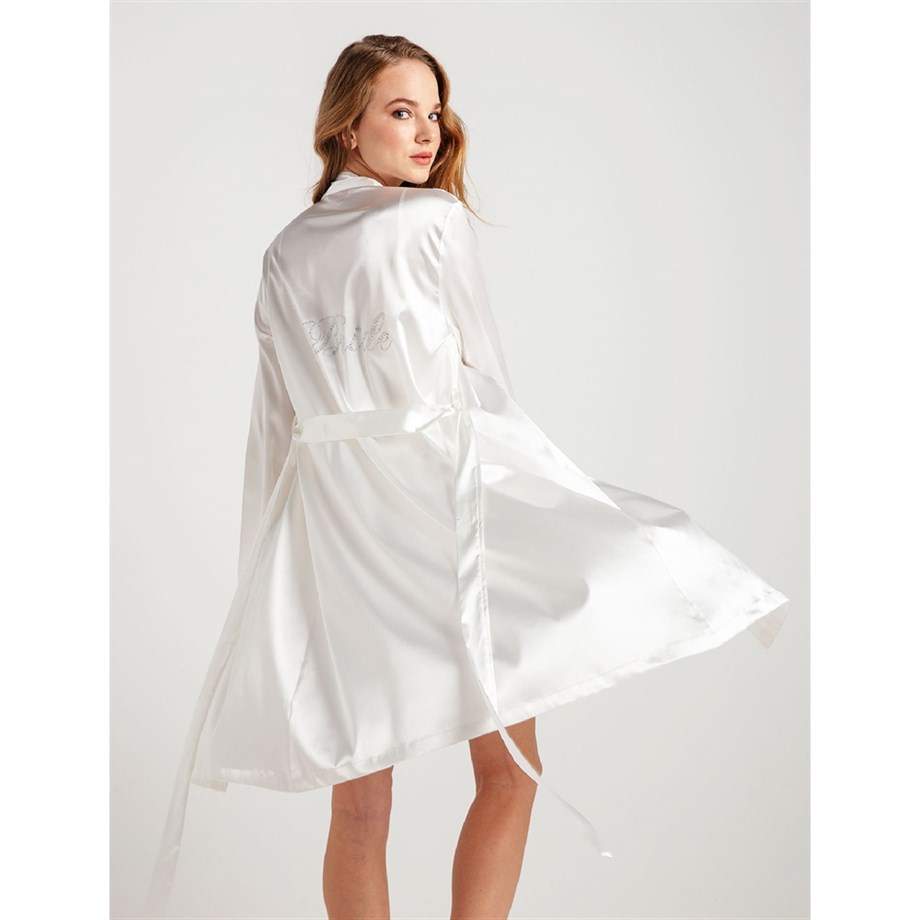 Magic Form 30427 Düz Saten Kumaşlı Arkası Bride Yazılı Kısa Sabahlık - EkruSaten Tek SabahlıklarMagic Form