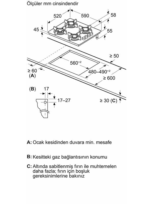 Bosch POP6C6P30O 60 cm Cam Ankastre Gazlı Ocak Siyah