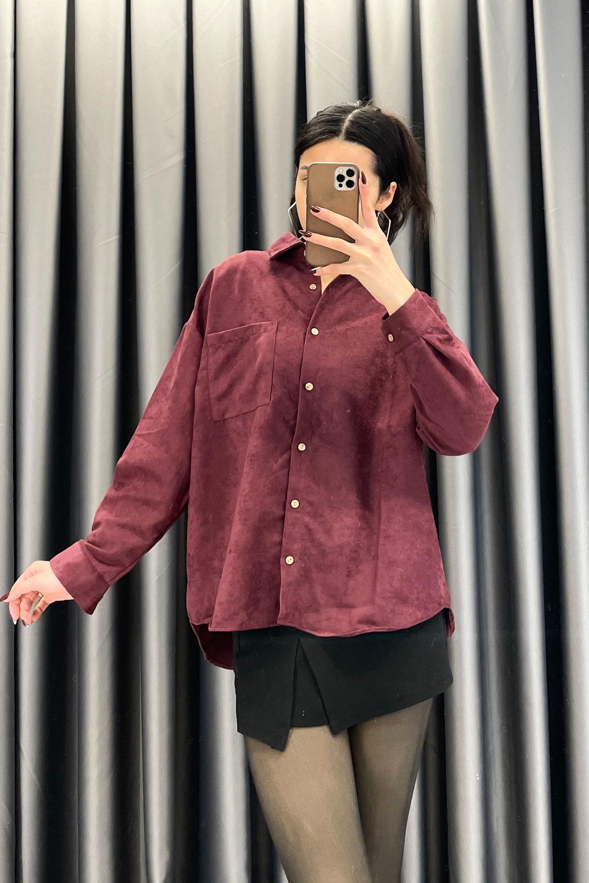 Ahşap Düğmeli Süet Gömlek - Vişne VİŞNE