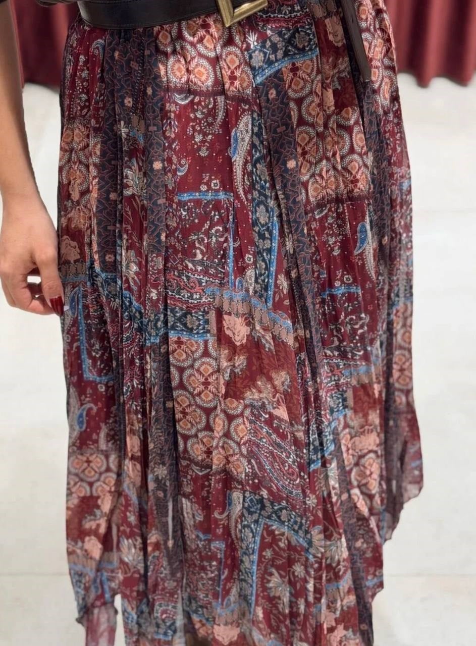 Asimetrik Kesim Etnik Desen Tül Etek - Bordo BORDO