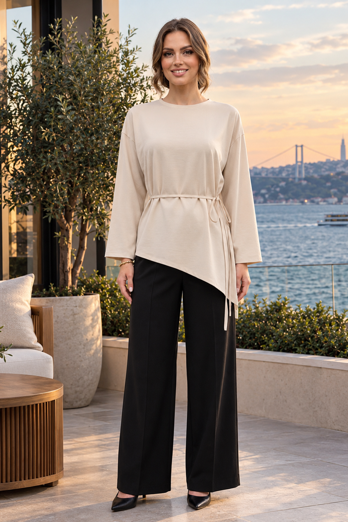 Asimetrik Kesim Tunik-Krem KREM