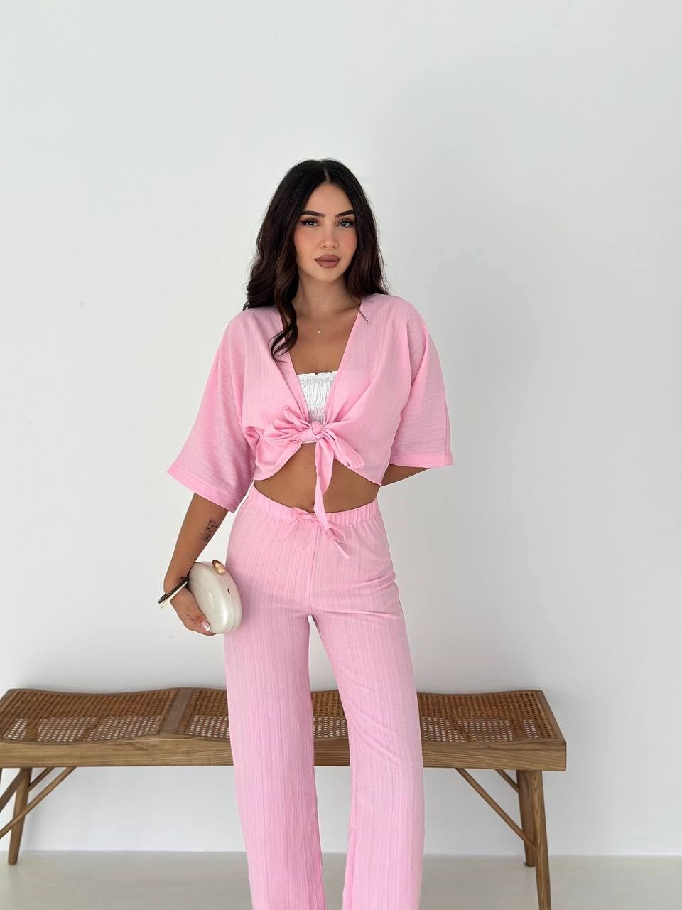 Bağlamalı Keten İkili Takım-Pembe PEMBE