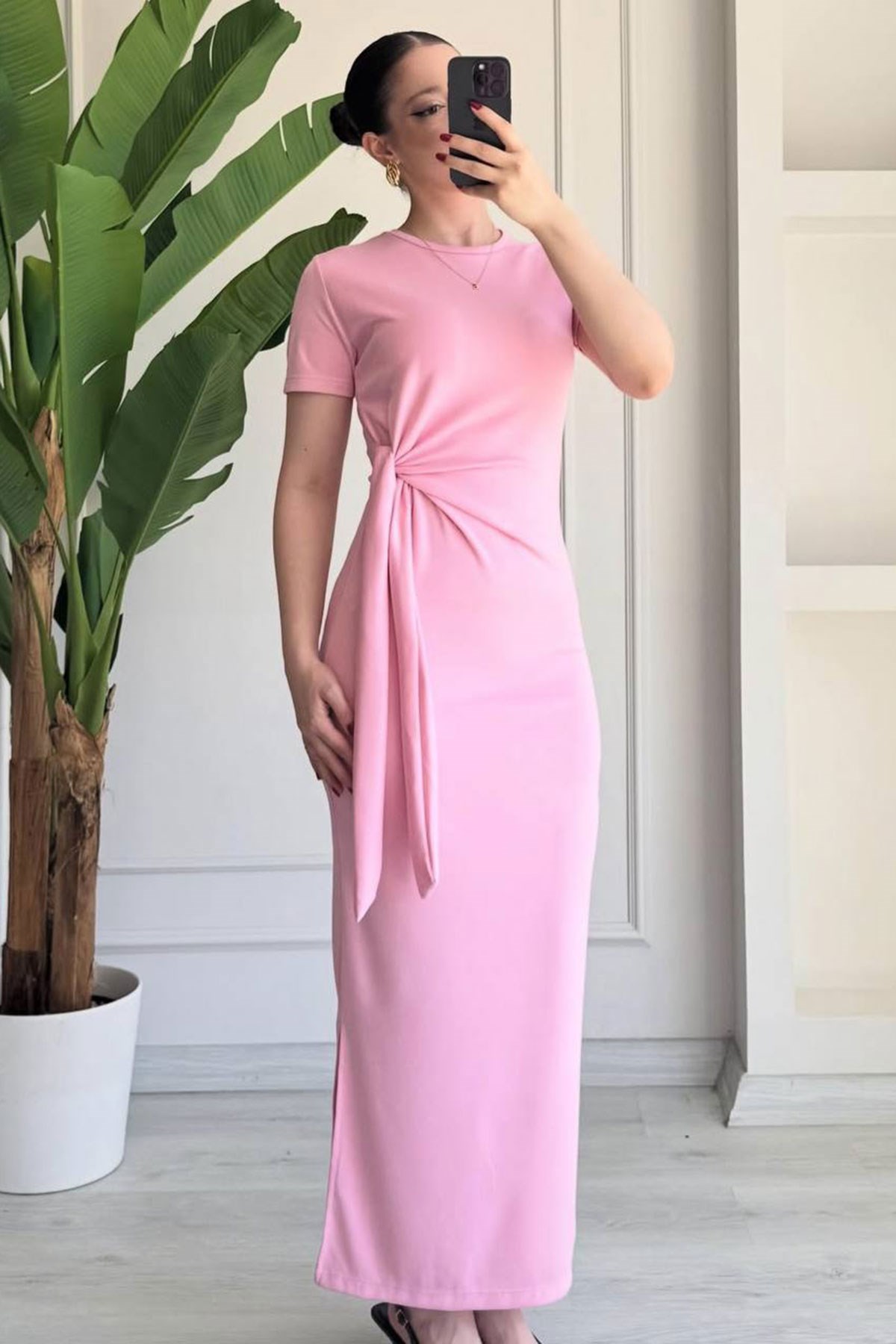 Bağlamalı Uzun Boy Elbise-Pembe PEMBE