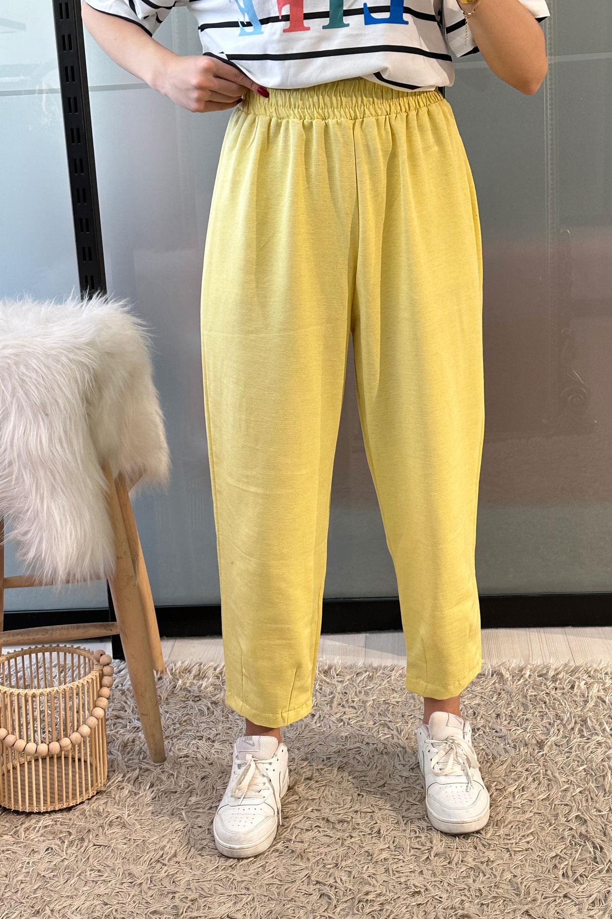 Balon Kesim Keten Pantolon - Sarı SARI