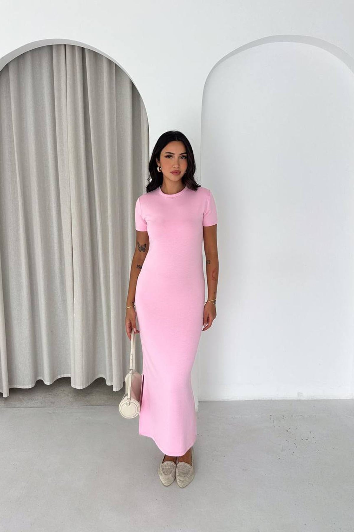 Basıc Yırtmaçlı Elbise PEMBE