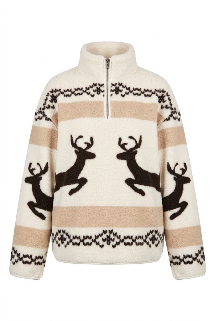 Bej - Yarım Fermuar Ceylan Desenli Sweat BEJ