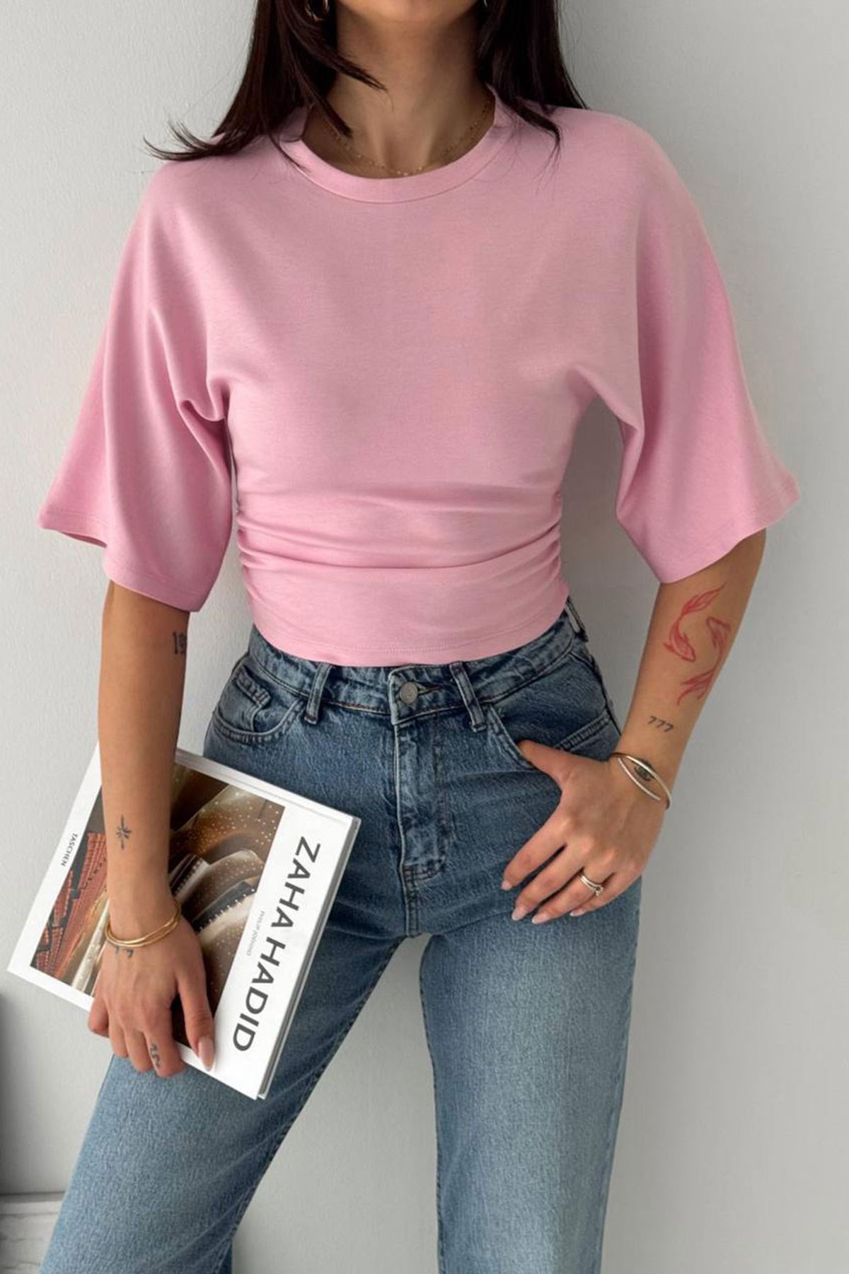 Bel Büzgü Detay Yarasa Kol T-shirt PEMBE
