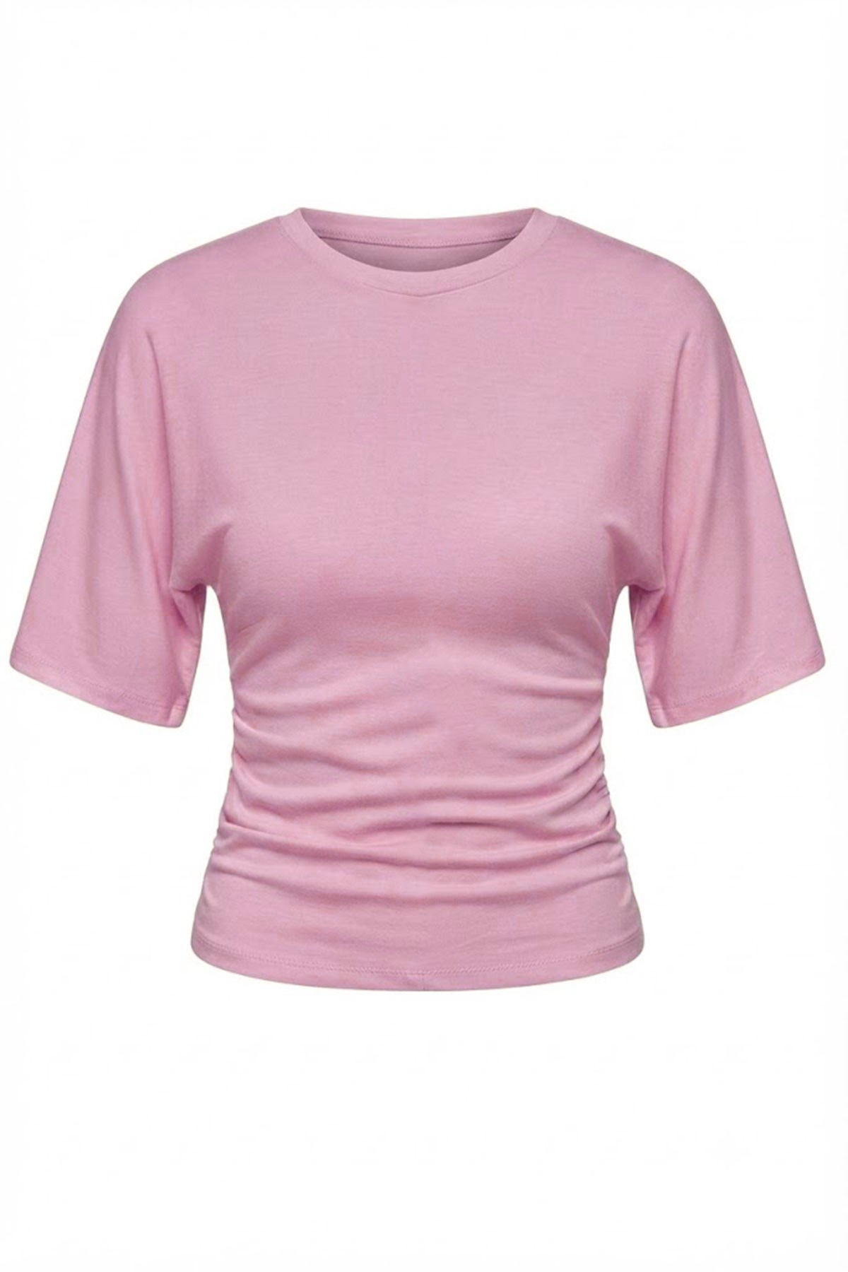 Bel Büzgü Detay Yarasa Kol T-shirt PEMBE