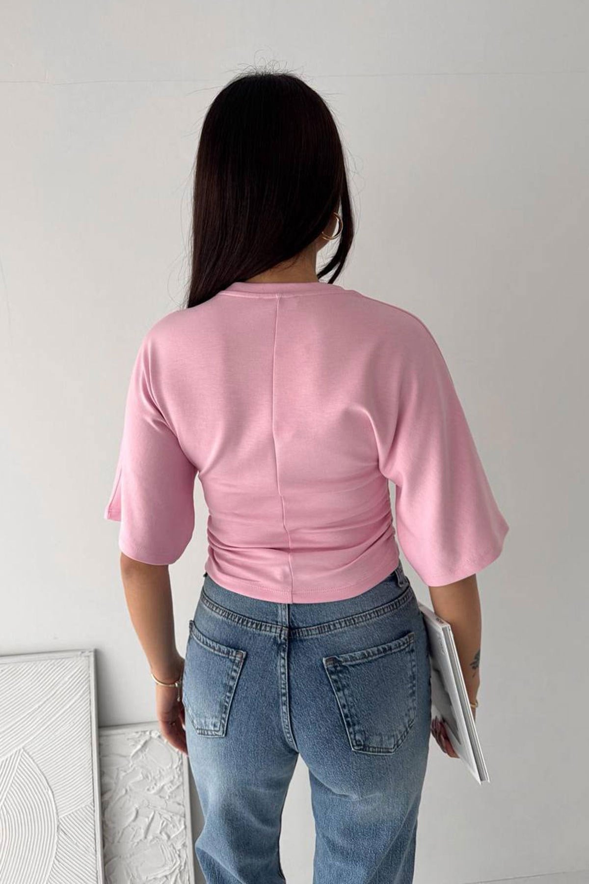 Bel Büzgü Detay Yarasa Kol T-shirt PEMBE