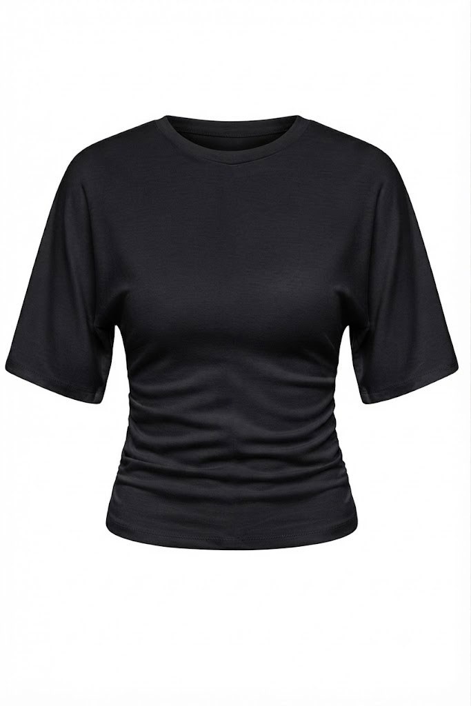 Bel Büzgü Detay Yarasa Kol T-shirt SİYAH