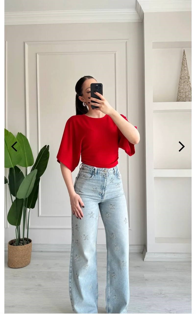 Bisiklet Yaka Bel Büzgü Detay T-shirt KIRMIZI