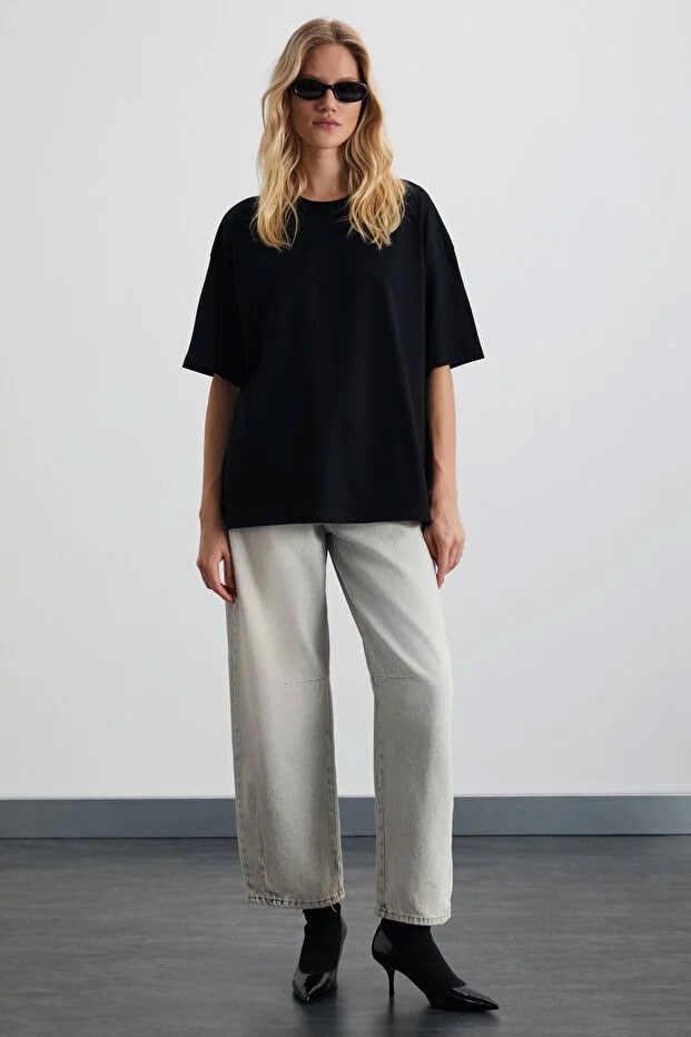 Bisiklet Yaka Oversize T-shirt SİYAH