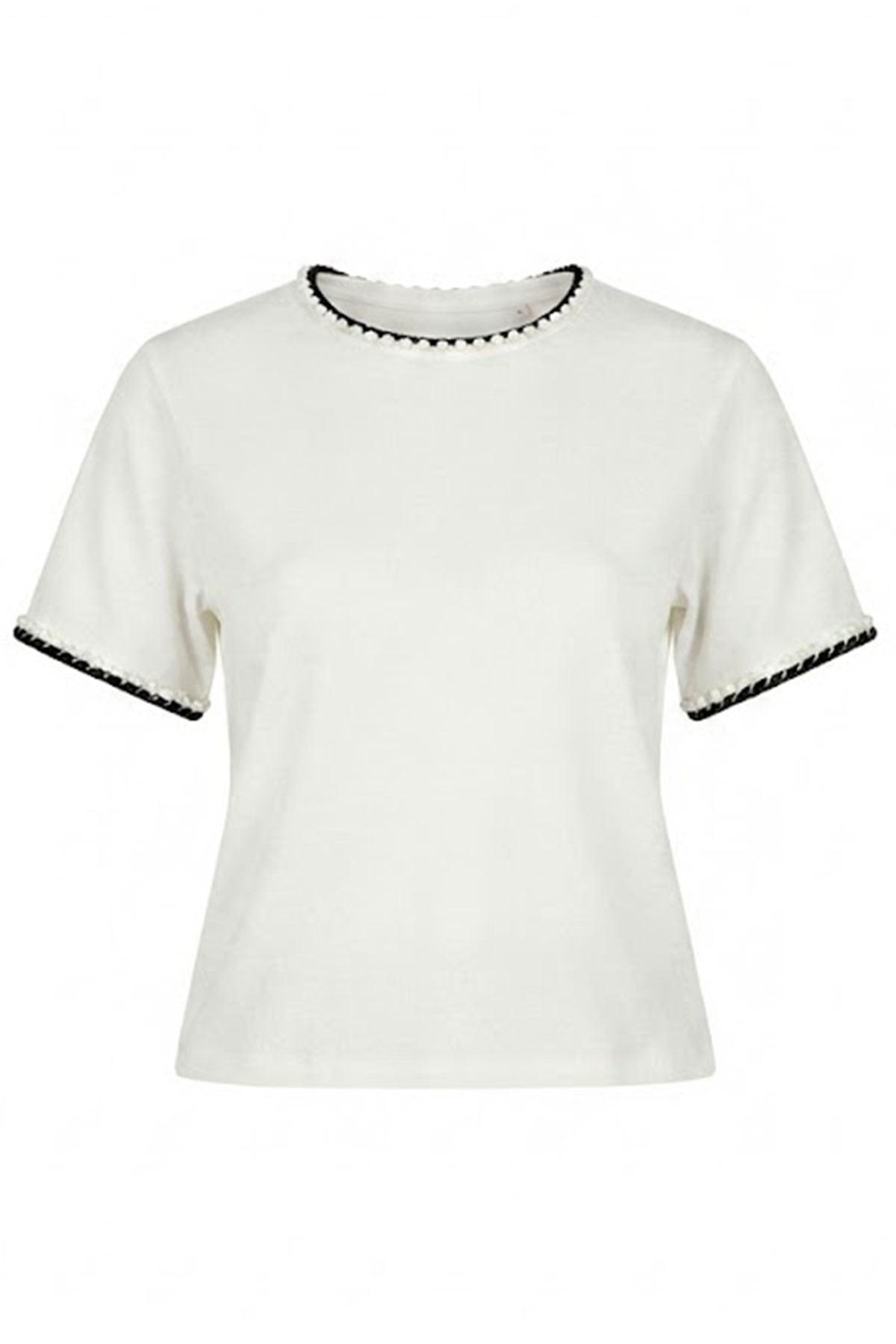 Boyun Ve Kol Örgü Detay Tshirt EKRU