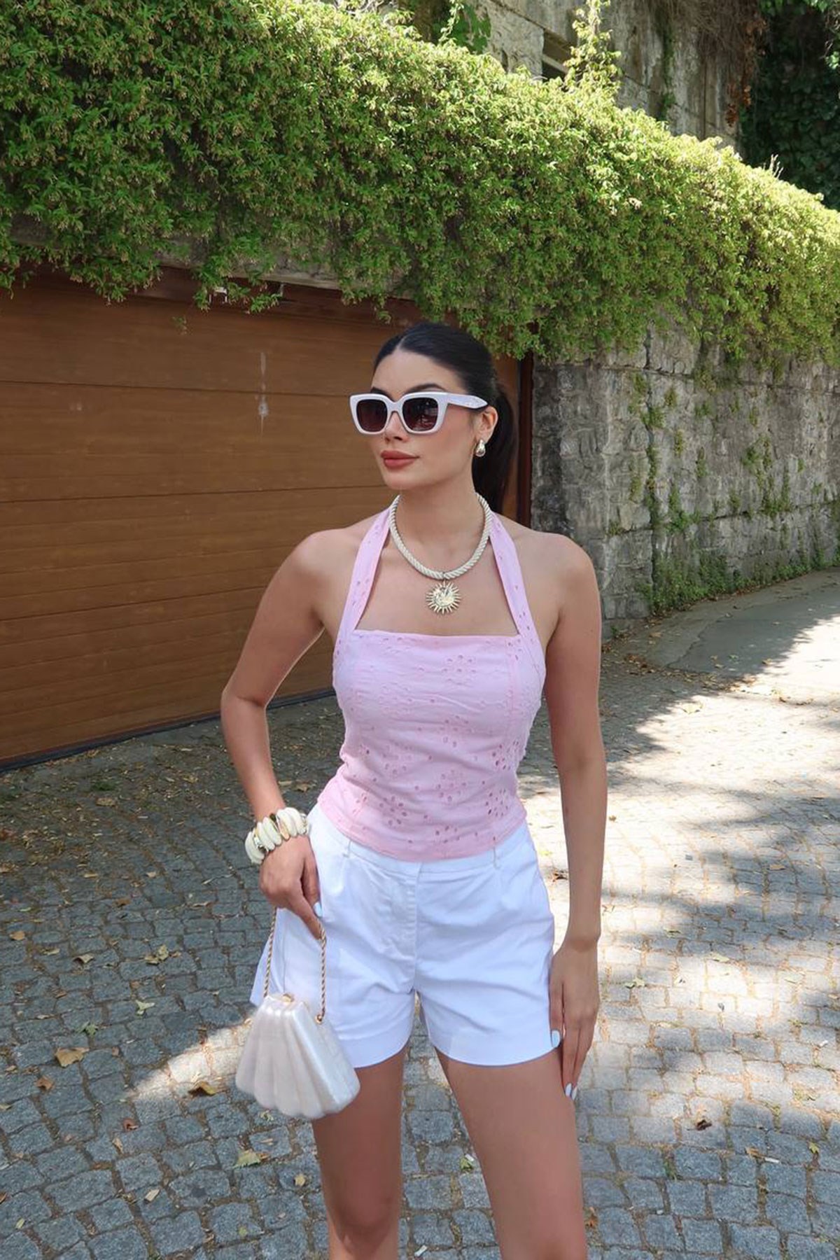 Brode Boyun Geçmeli Bluz PEMBE
