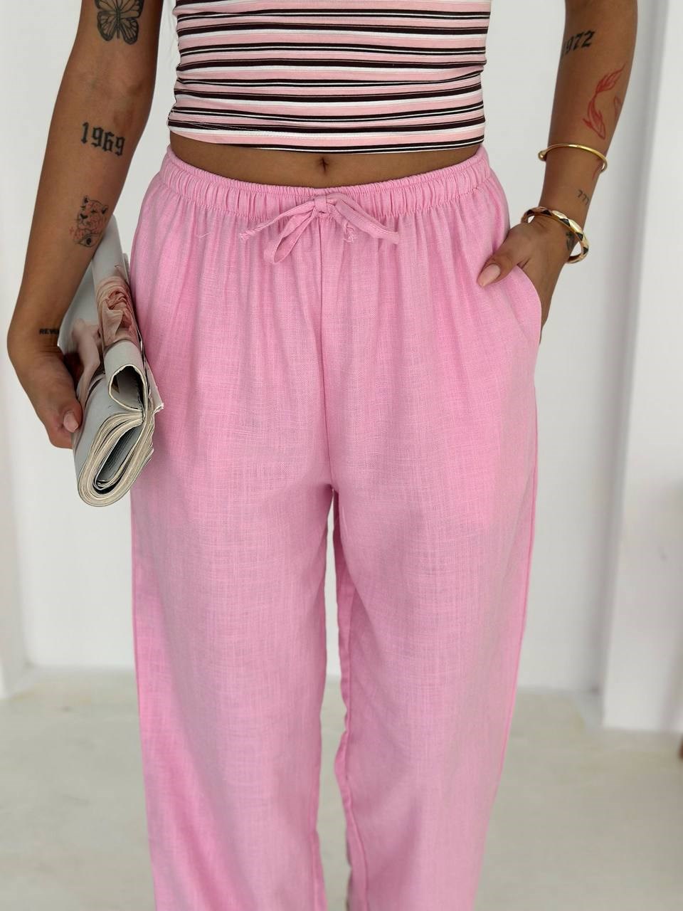 Cepli Keten Pantolon- Pembe PEMBE