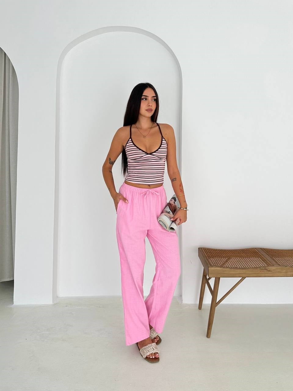 Cepli Keten Pantolon- Pembe PEMBE