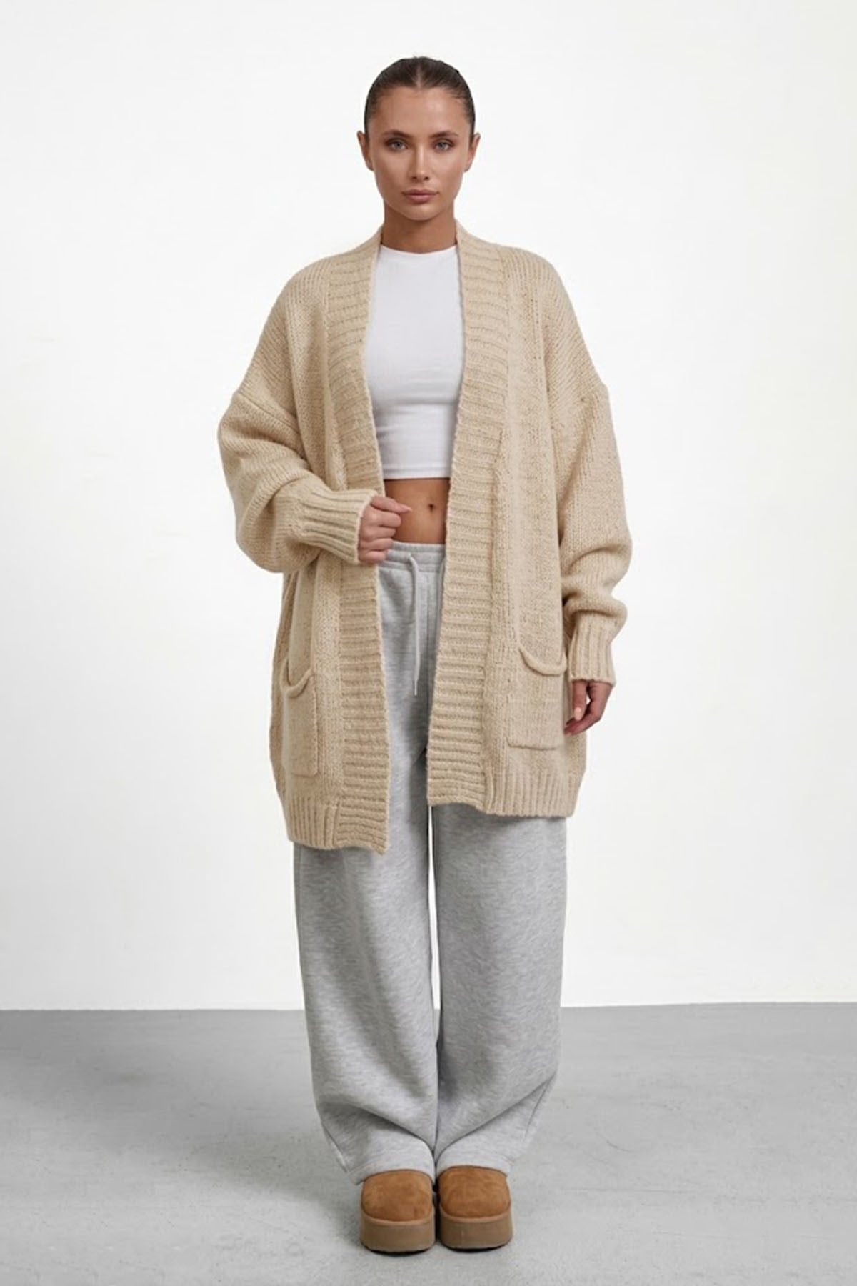 Cepli Oversize Hırka-Krem KREM
