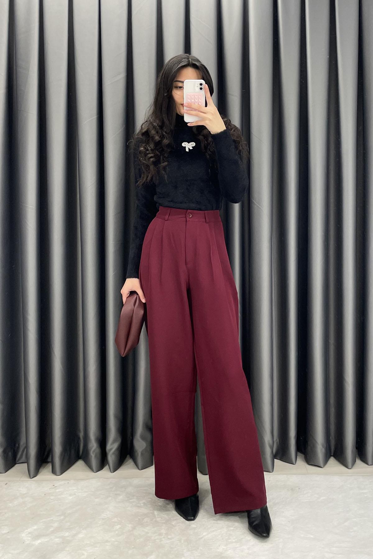 Çift Pileli Palazzo Kumaş Bol Paça Pantolon - Bordo BORDO