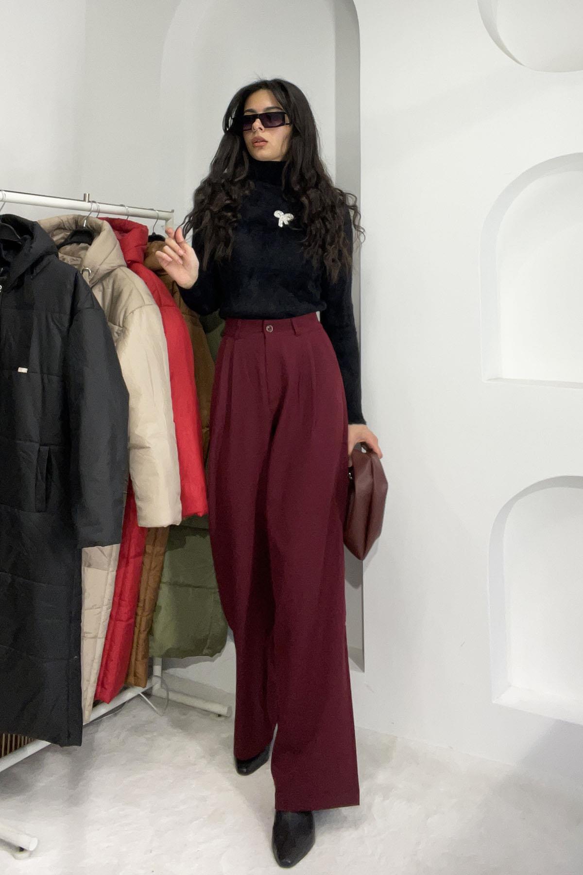 Çift Pileli Palazzo Kumaş Bol Paça Pantolon - Bordo BORDO