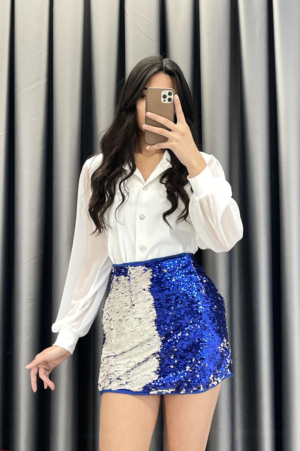 Çift Renk Pullu Mini Etek - Saks SAKS