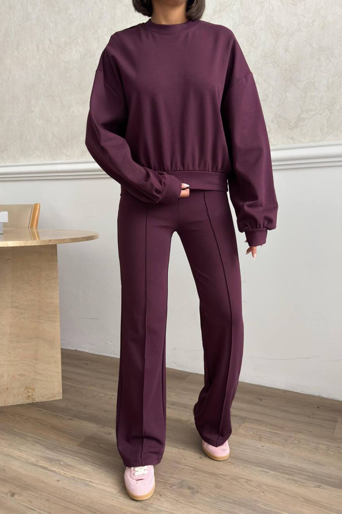 Çımalı Pantolon Detay Crop Takım - Mürdüm MÜRDÜM