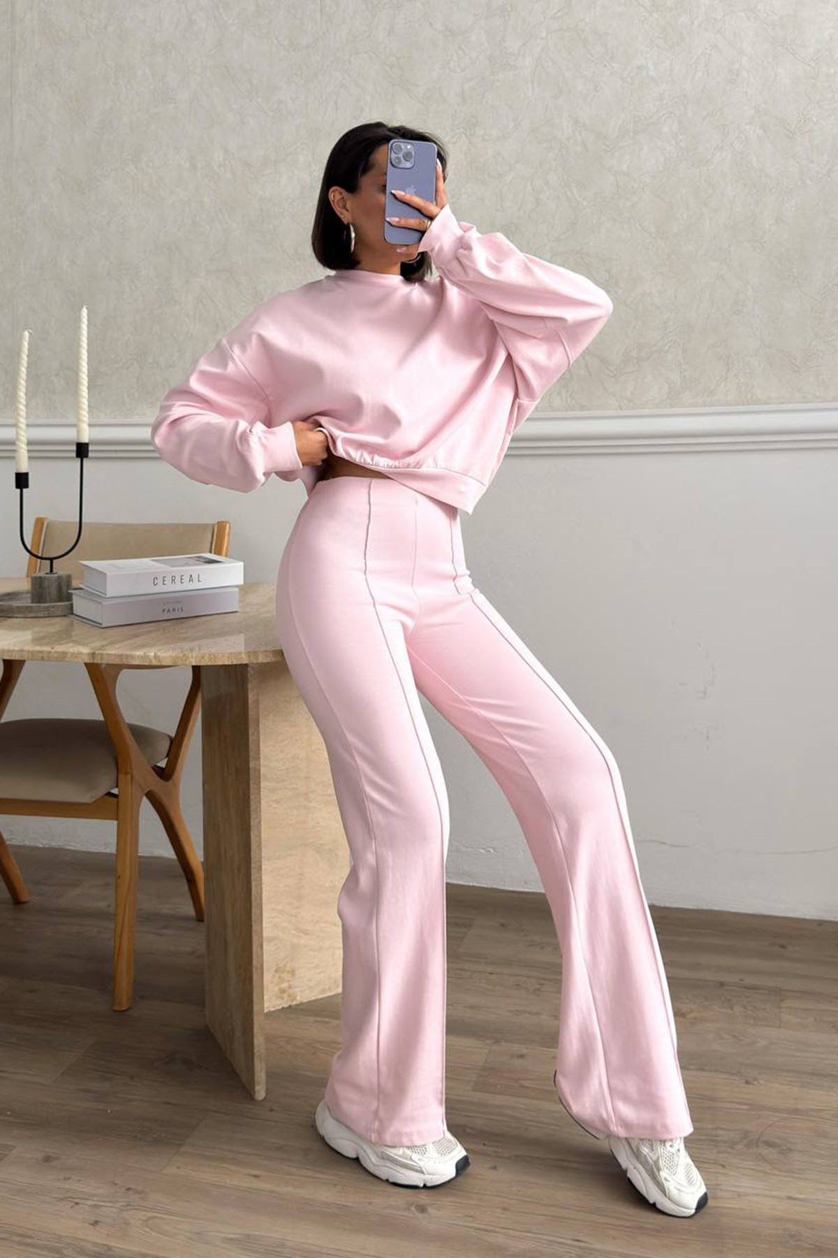 Çımalı Pantolon Detay Crop Takım - Pembe PEMBE