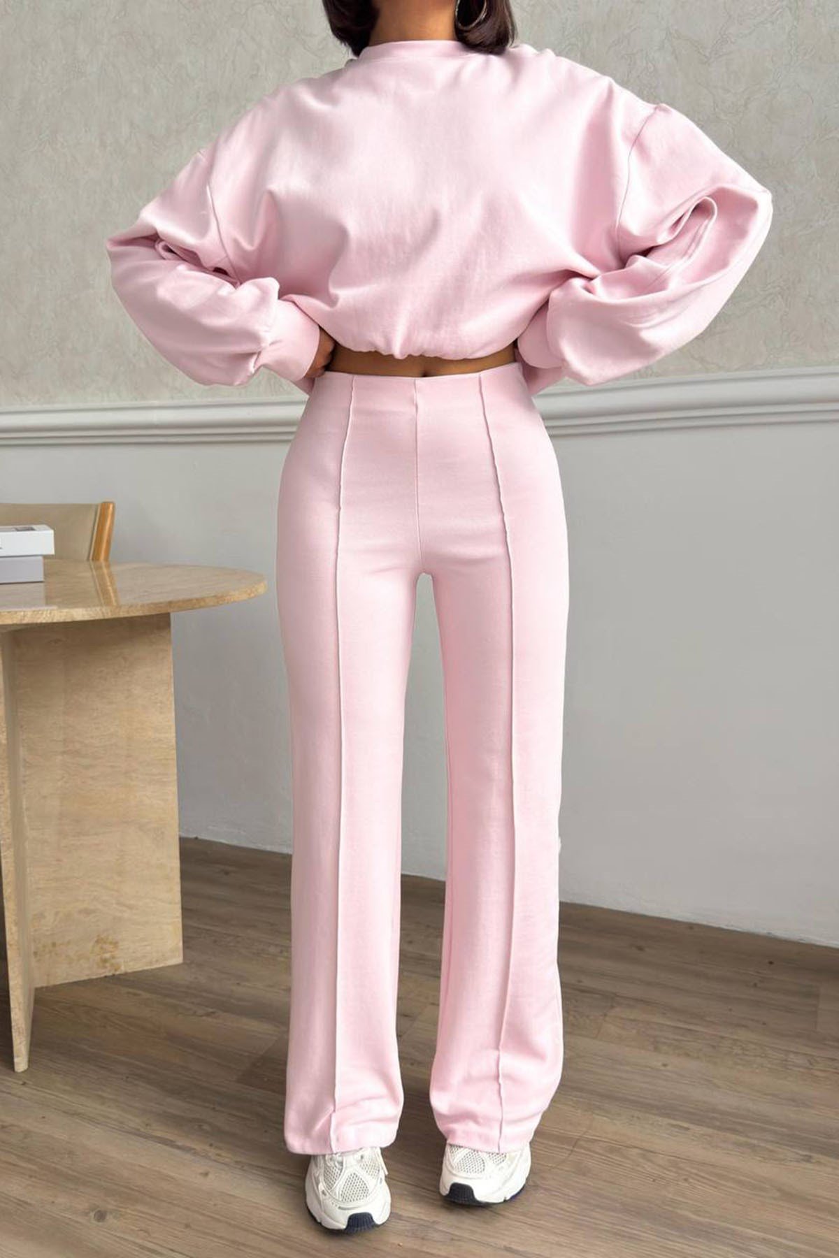 Çımalı Pantolon Detay Crop Takım - Pembe PEMBE