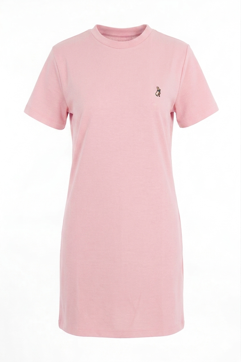 Crep Bisiklet Yaka Göğüs İşleme Kısa Kol Elbise - Pembe PEMBE