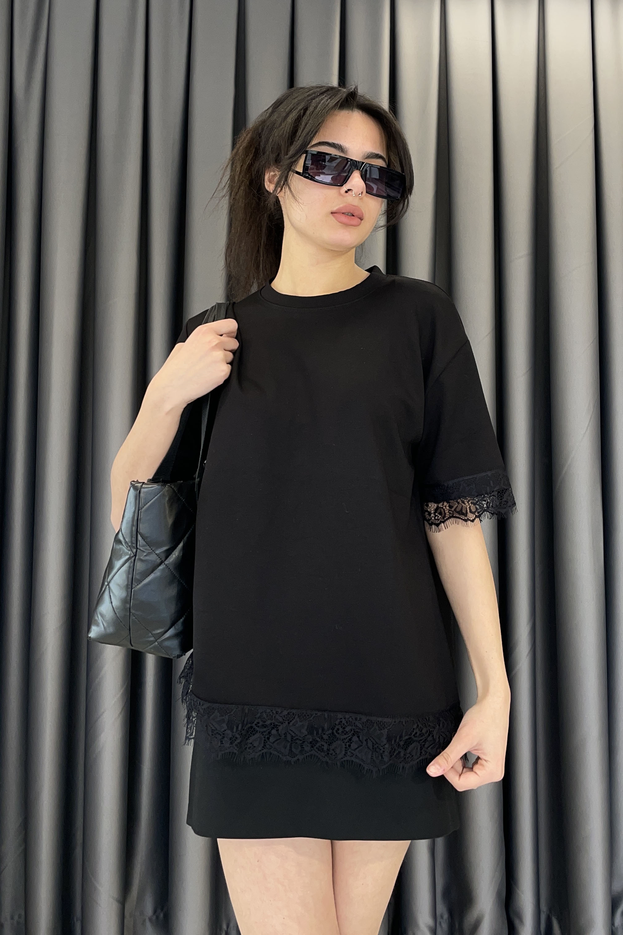 Dantel Detay Basic T-shirt-Siyah SİYAH