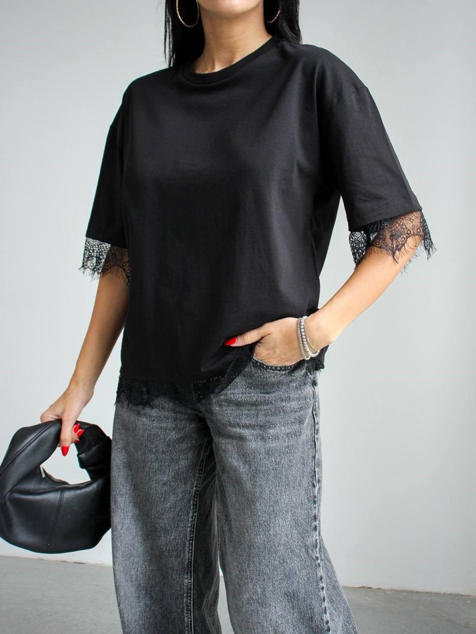 Dantel İşlemeli Basıc T-shirt- Siyah SİYAH