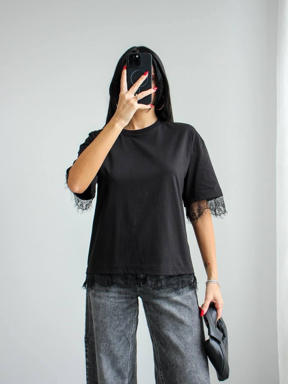 Dantel İşlemeli Basıc T-shirt- Siyah SİYAH