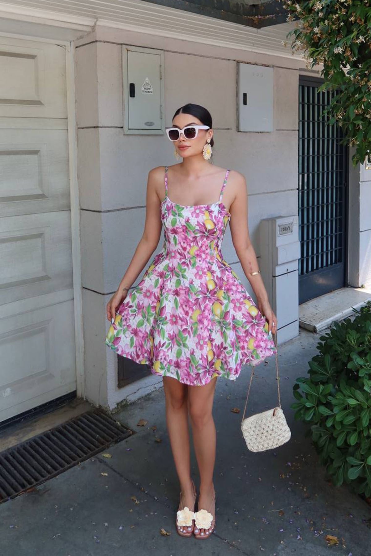 Desenli Askılı Mini Elbise PEMBE