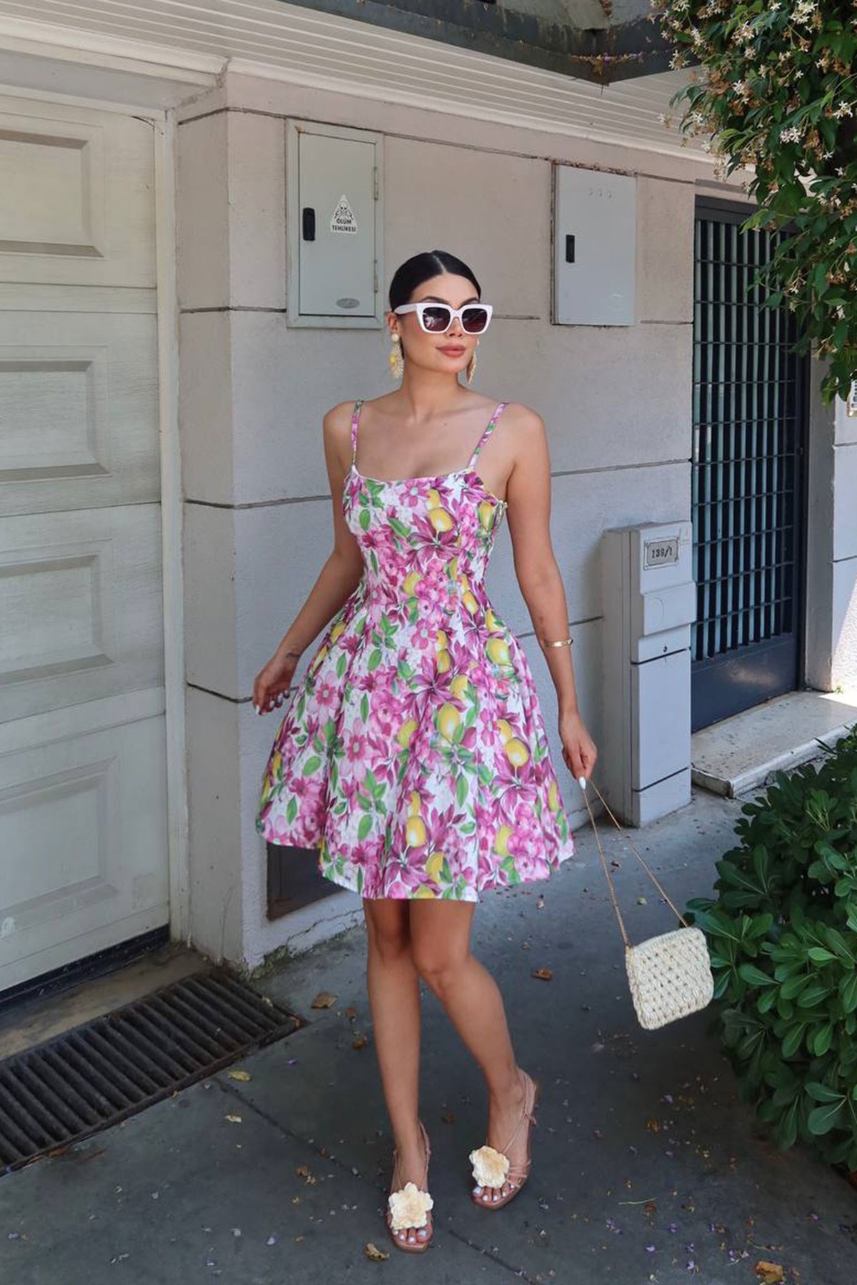 Desenli Askılı Mini Elbise PEMBE