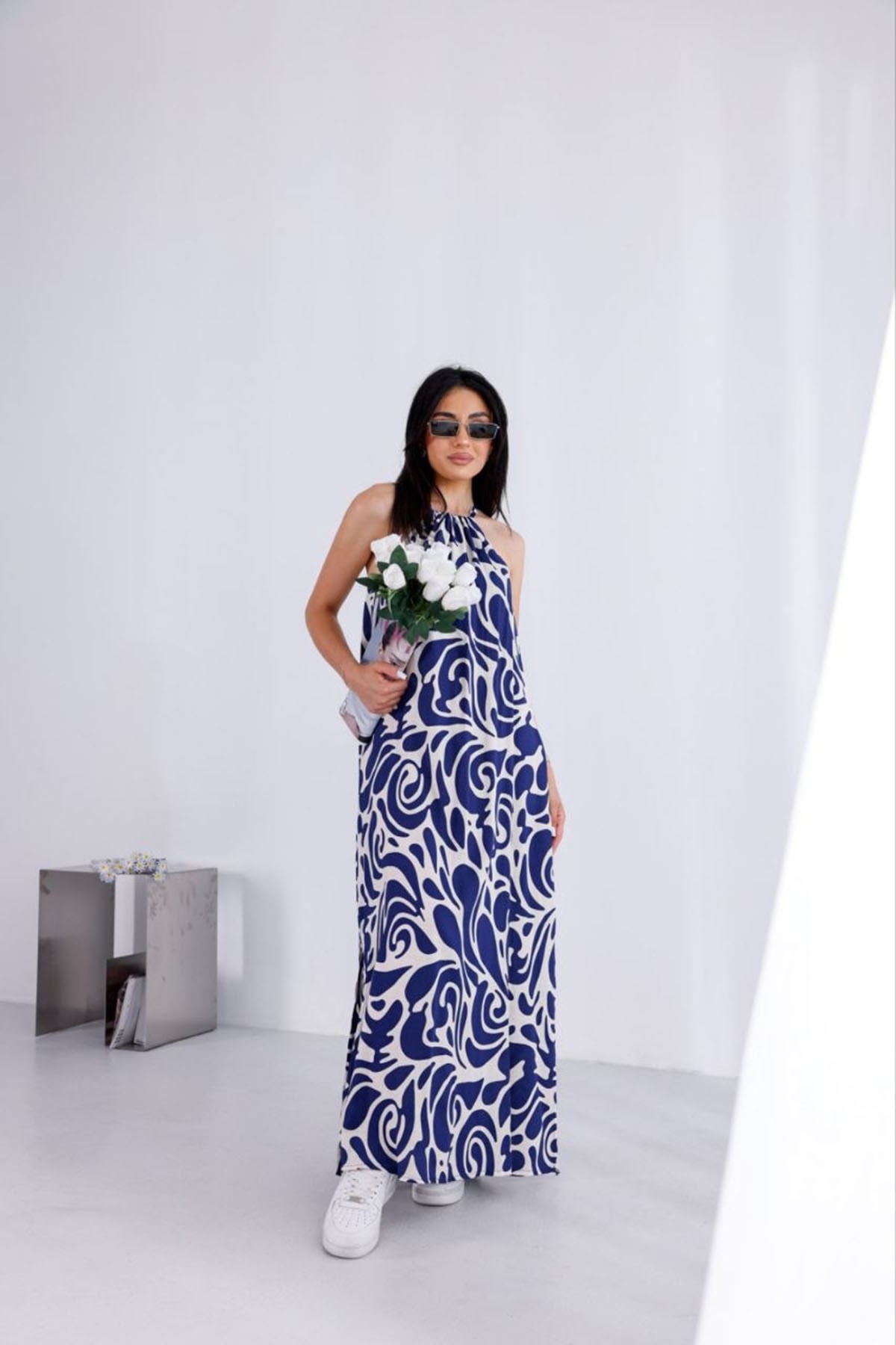 Desenli Halter Yaka Elbise LACİVERT
