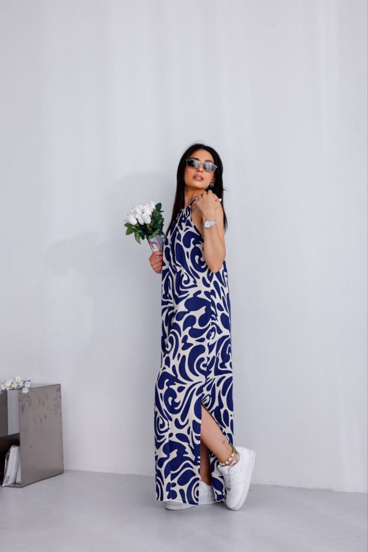 Desenli Halter Yaka Elbise LACİVERT
