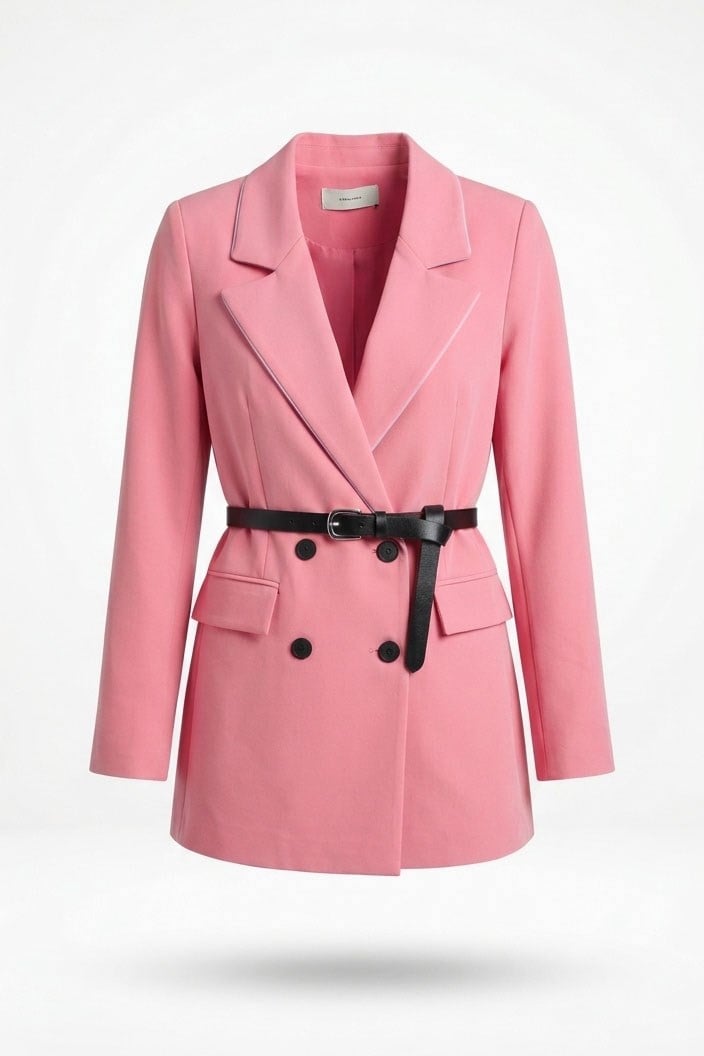 Düğmeli Kemer Detay Vatkalı Blazer Ceket- Pembe PEMBE