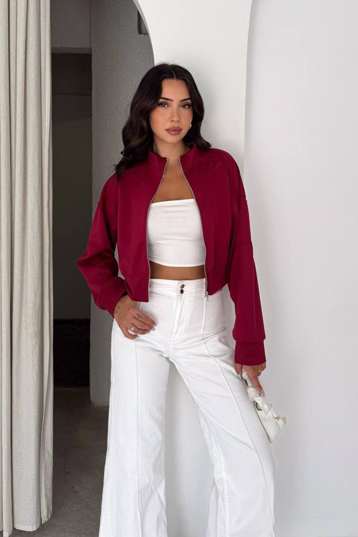 FERMUARLI DİK YAKA SWEAT BORDO