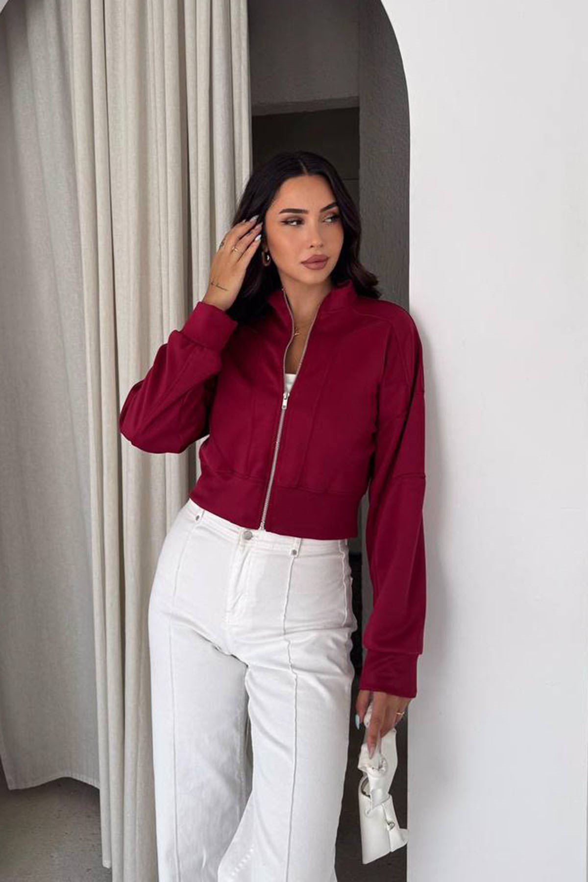 FERMUARLI DİK YAKA SWEAT BORDO