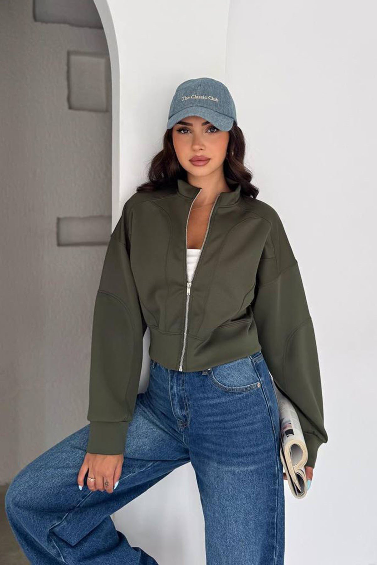 FERMUARLI DİK YAKA SWEAT HAKİ