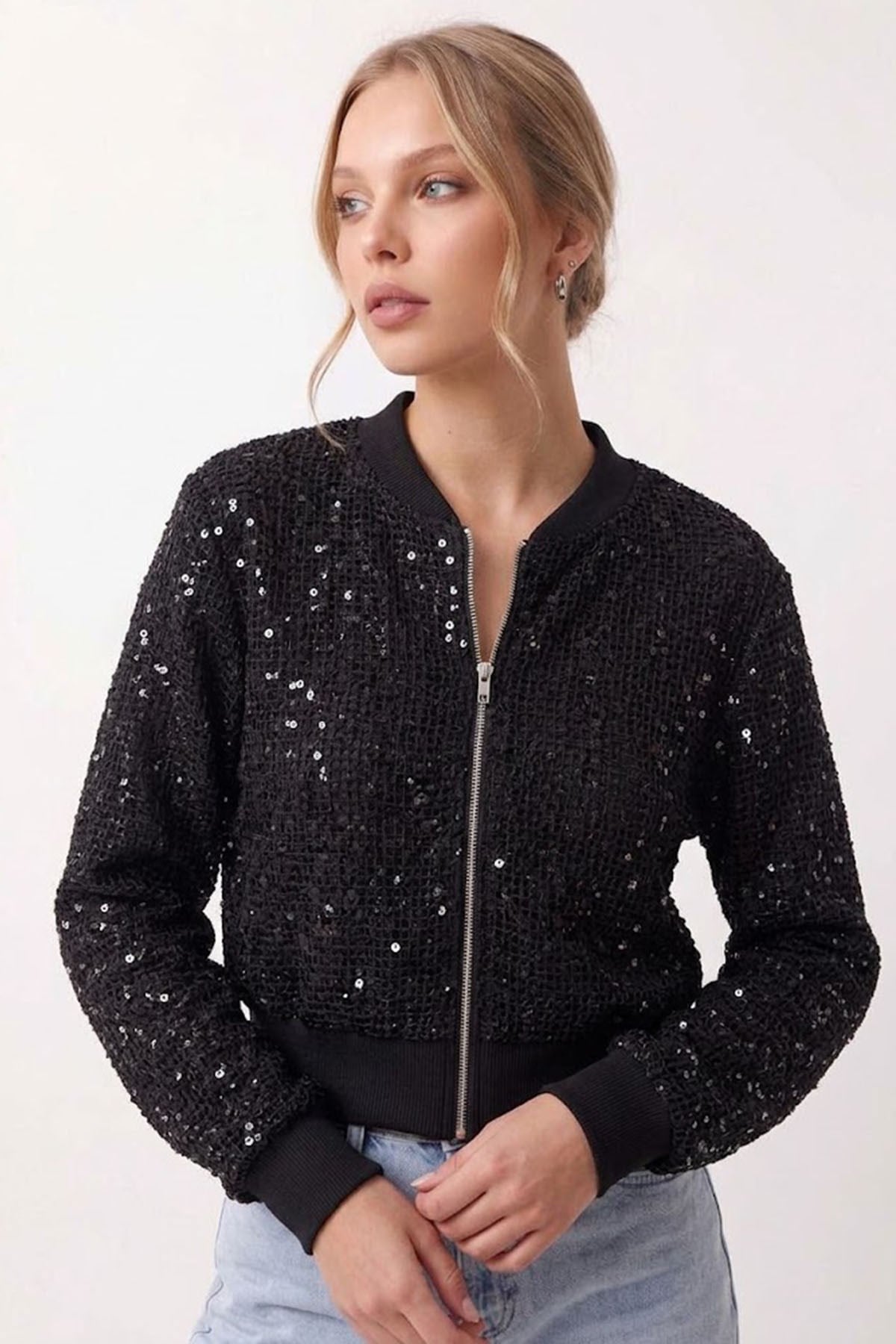 FERMUARLI PUL PAYET SWEATERS SİYAH