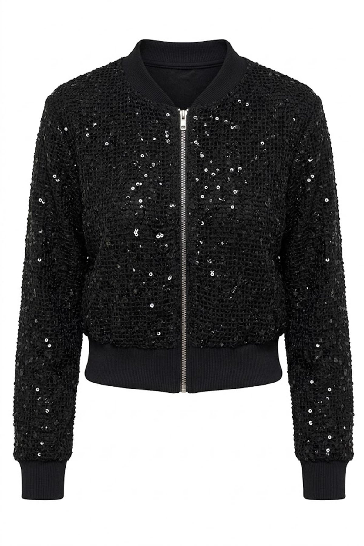 FERMUARLI PUL PAYET SWEATERS SİYAH