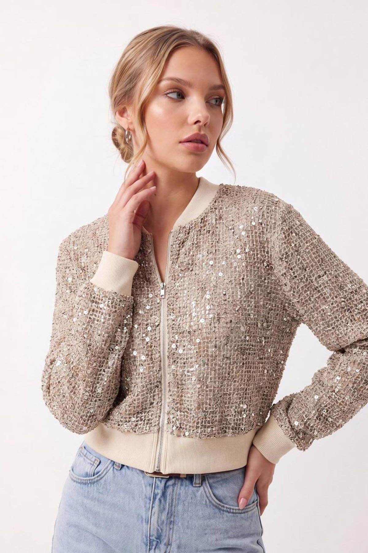 FERMUARLI PUL PAYET SWEATERS TAŞ